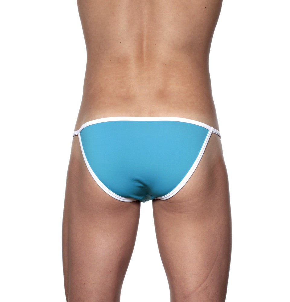A turquoise blue groovin accent string bikini thong with white trim suitable for swimwear use