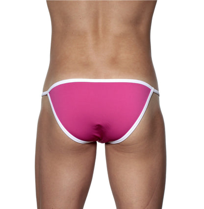 Bright pink swim trunks with white trim groovin accent string bikini fuchsia pink st0416 front view