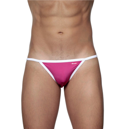 Fuchsia pink groovin accent string bikini thong with white trim and small brand logo on the side