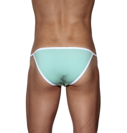 Mint green thong bikini with white trim groovin accent string bikini st0414 shown from the back side