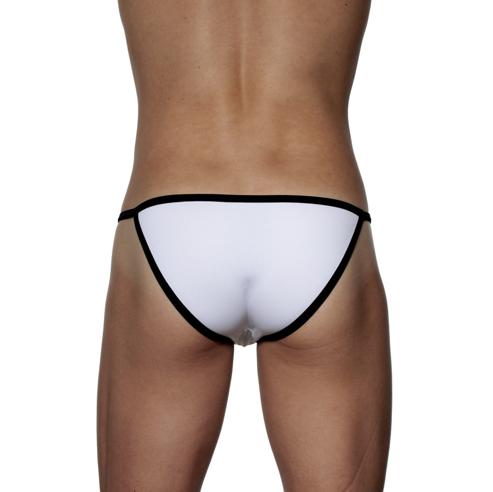 White thong string bikini with black trim groovin accent in white showing the back side view