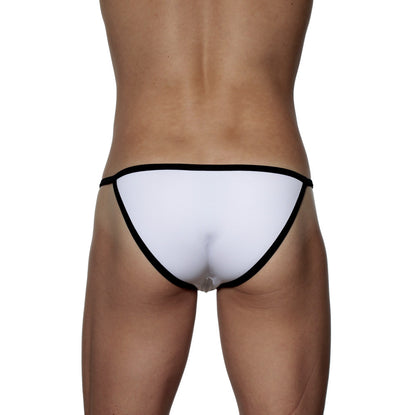 White thong string bikini with black trim groovin accent in white showing the back side view