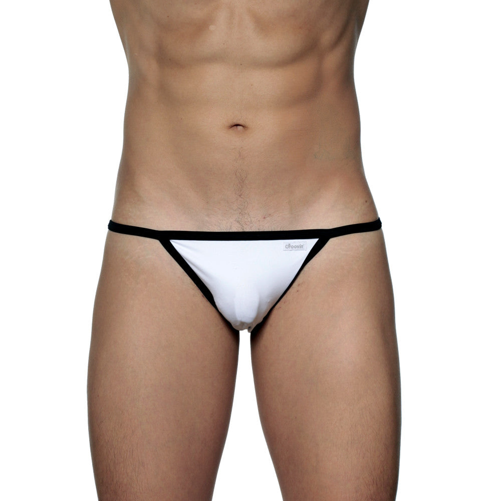 White thong with black trim and small brand logo on front groovin accent string bikini white st0401
