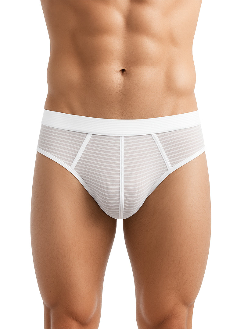 White striped mesh cotton briefs with solid white waistband from the activeStripe cotton brief collection