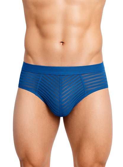 Blue activeStripe nylon men’s briefs featuring a mesh panel and diagonal stripe pattern for active wear