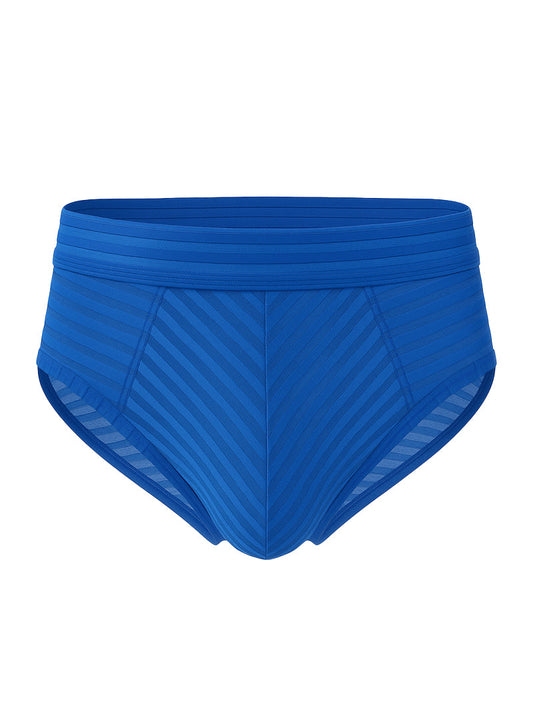 Bright blue activestripe nylon brief swim trunks with textured diagonal stripes and mesh side panels