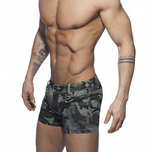 Addicted camo jeans shorts charcoal size 32 with dark gray and black camouflage patterned denim and five-pocket design