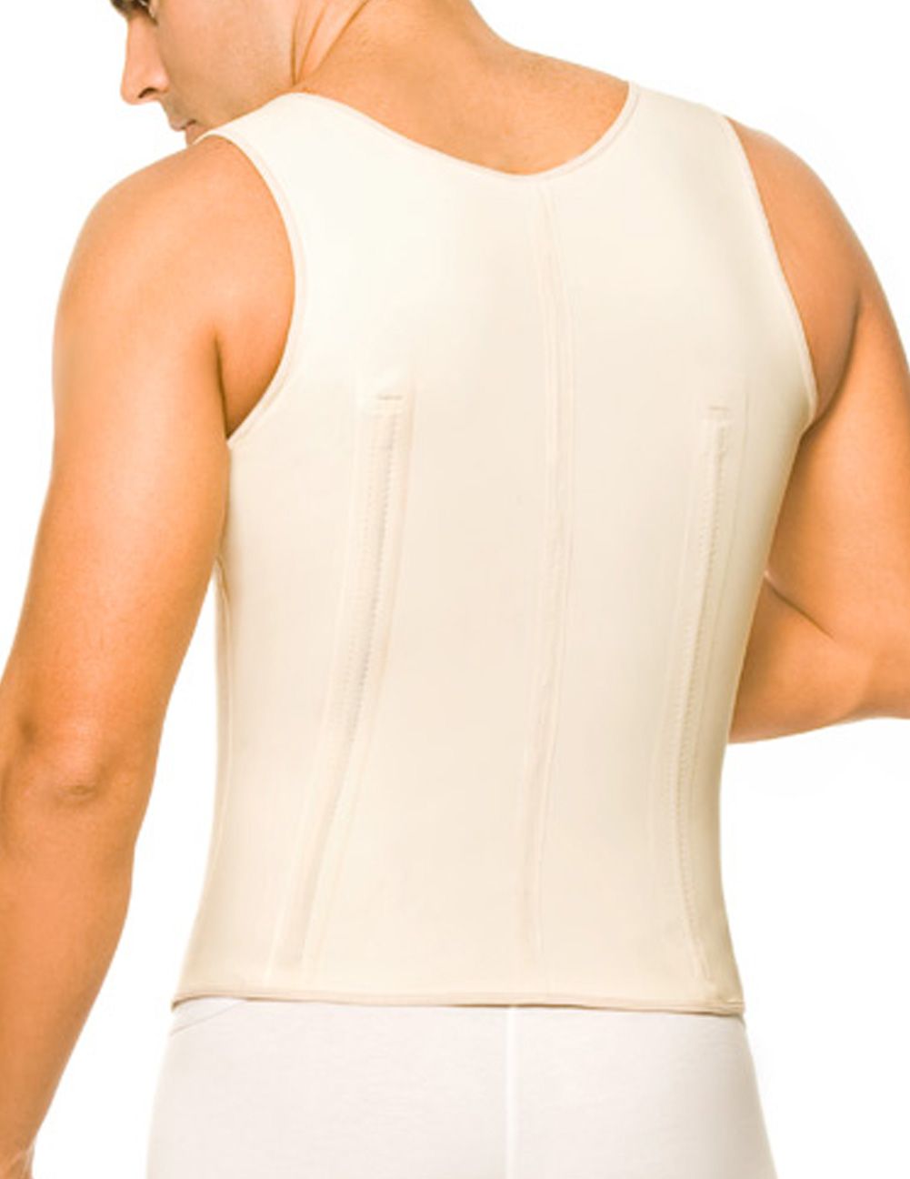 Cream-colored ann chery 2033 latex men girdle body shaper features a form-fitting sleeveless corset with vertical seams and rounded neckline