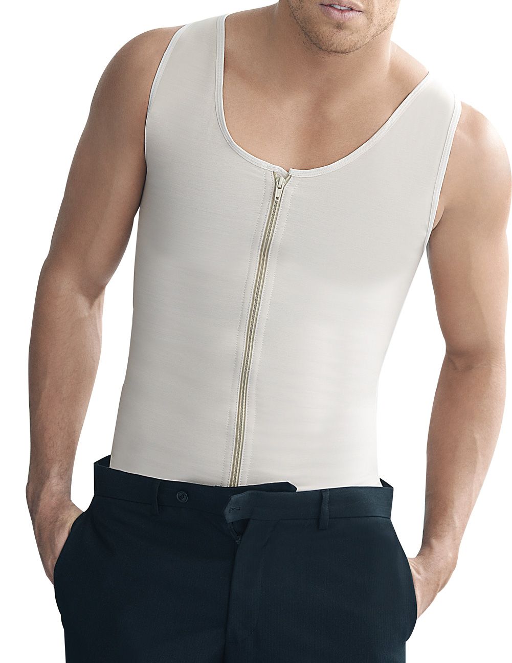 Cream-colored form-fitting zip-front tank top made of stretchy fabric featured in ann chery 2034 latex men girdle body shaper beige