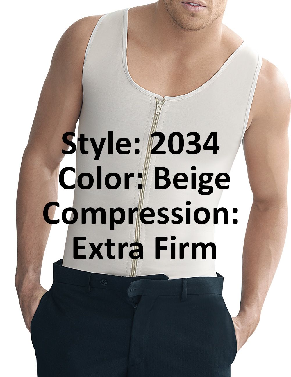 Beige extra firm latex compression tank top with front zipper by ann chery designed for men body shaping