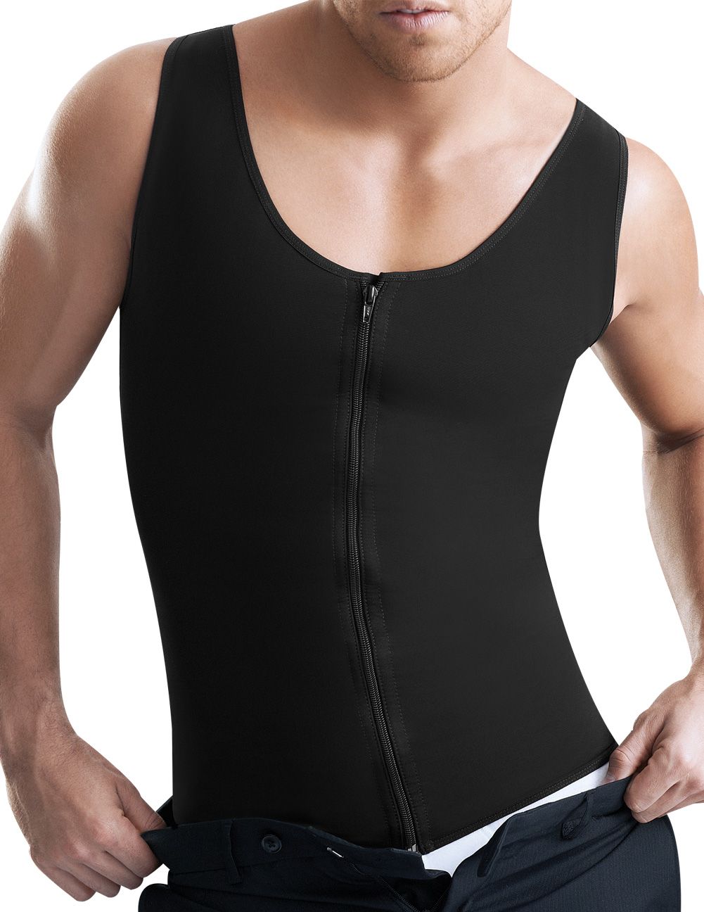 Ann Chery 2034 black latex zip-front sleeveless men girdle body shaper worn by a man showing front view
