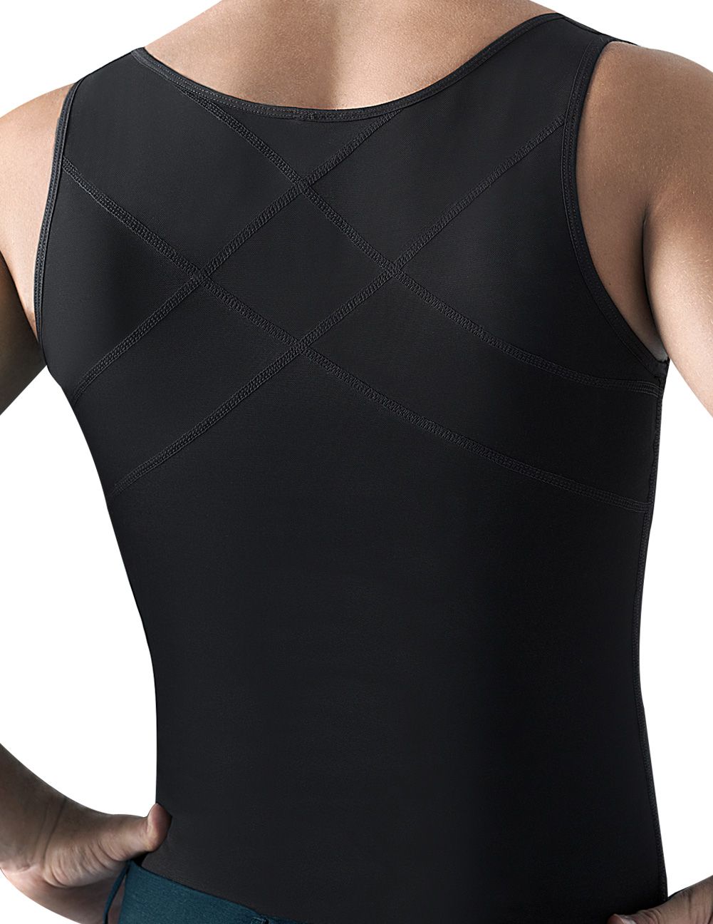 Black sleeveless latex men girdle body shaper with subtle diamond-patterned stitching by ann chery 2034