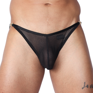 Front view of Gigo Anwar black mesh brief with side gold hardware accents and branded patch.
