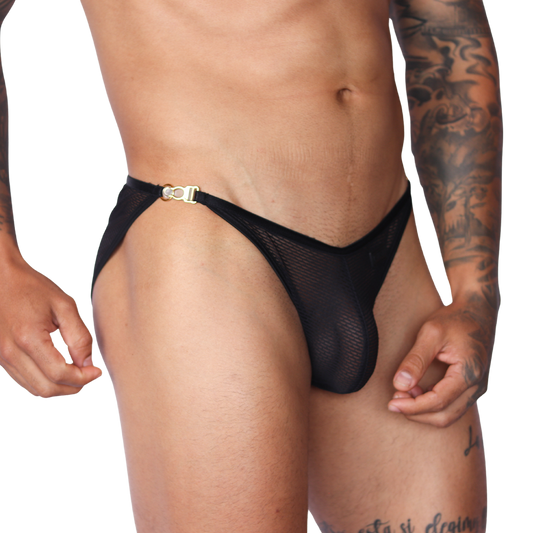Gigo Anwar black mesh brief, front side view, featuring gold metal ring and side strap detail.