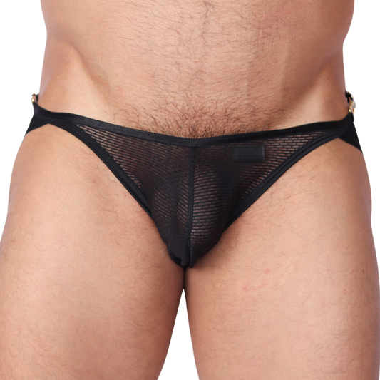 Front view of Gigo Anwar black mesh jock thong with elastic trim and Gigo logo detail.