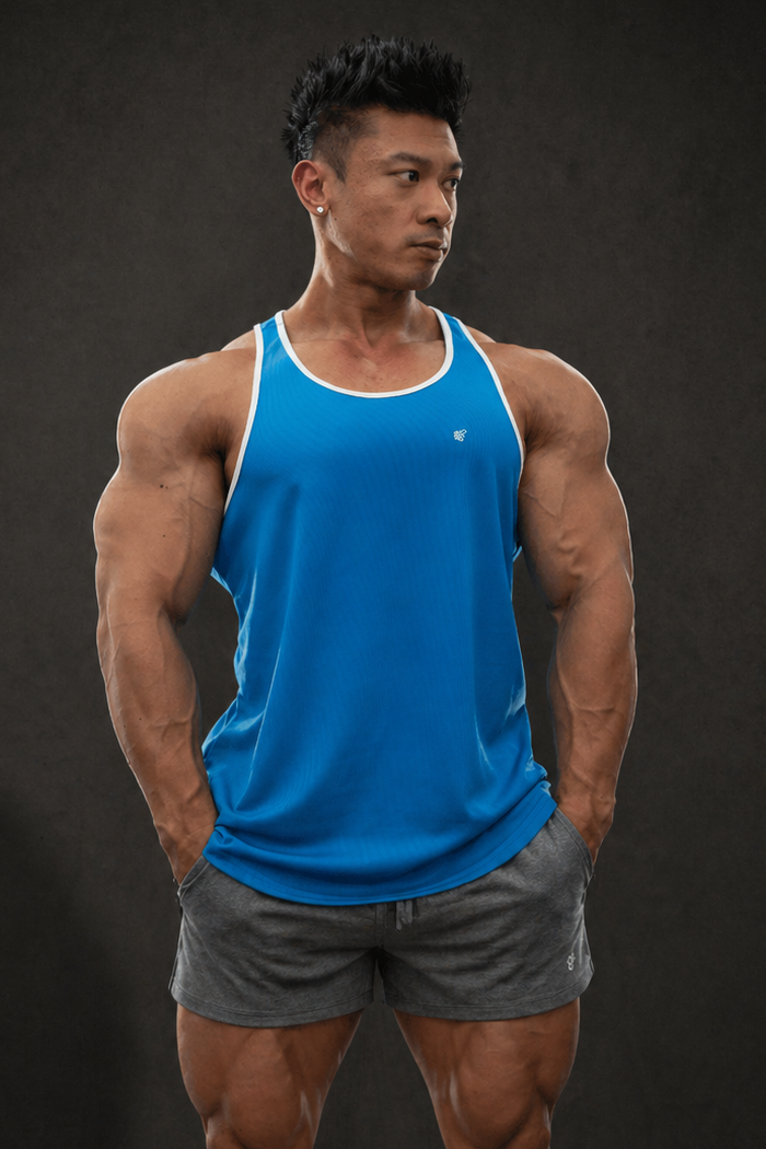 Jed North Men's Fast-Dry Bodybuilding Workout Stringer - Blue w/ White