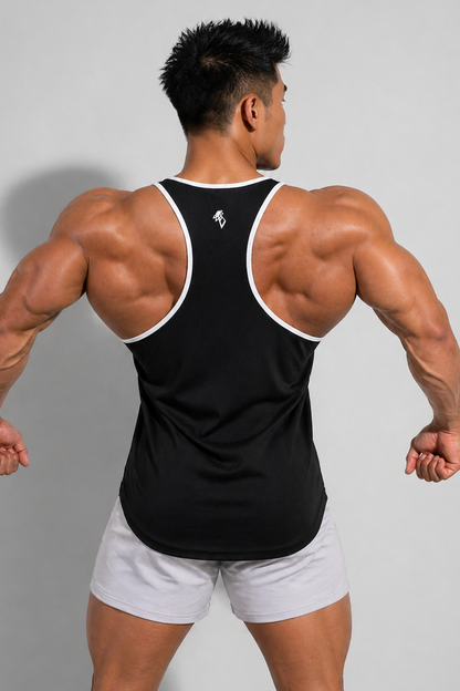 Jed North Men's Fast-Dry Bodybuilding Workout Stringer - Black w/ White Trim