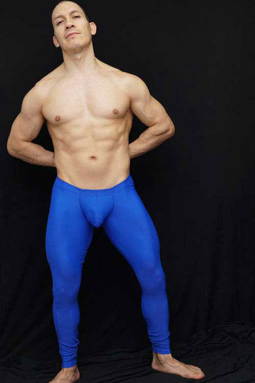 Bright blue form-fitting arroyman bulge runner pants athletic leggings size m designed for running and exercise