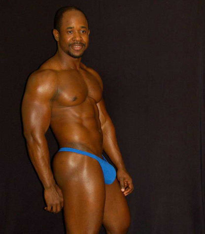 Blue arroyman classic cotton spandex thong underwear size l shown from the back side with athletic briefs design