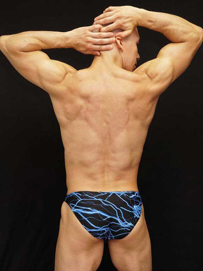 Arroyman lightning bolts bikini underwear size m featuring blue lightning-patterned swim trunks for men