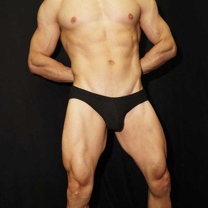 Black ribbed viscose stripe bikini briefs by Arroyman in size large showing front side design