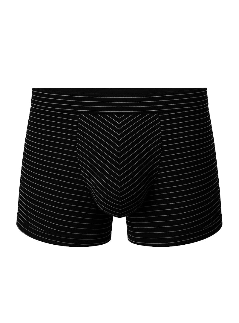 Black cotton boxer briefs with fine white vertical stripes and chevron front panel from assorted cotton trunk 4 pack