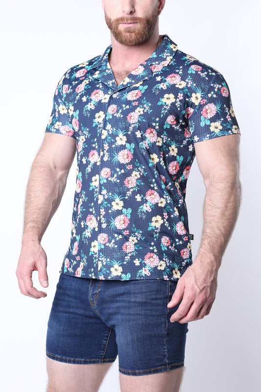 Men’s balboa button down shirt in navy blue with vibrant pink white and green floral pattern short sleeves