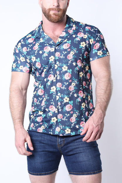 Balboa button down shirt navy blue short sleeve with vibrant pink white and light green floral pattern