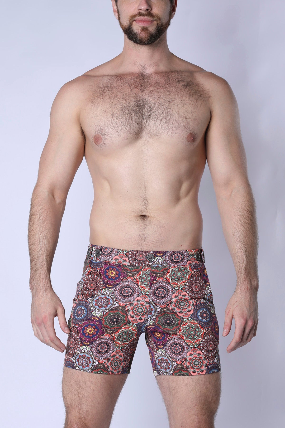 Men’s balboa hybrid swim short with vibrant purple pink green and brown mandala pattern for stylish beachwear