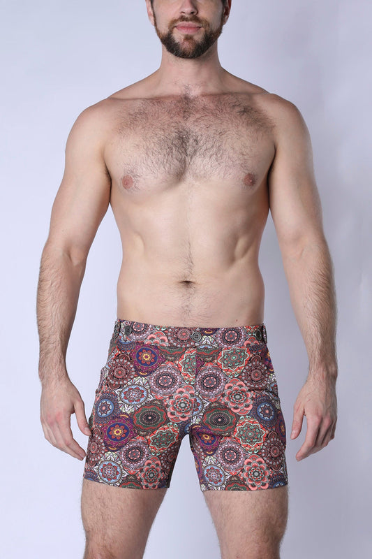 Men’s balboa hybrid swim short with vibrant purple pink green and brown mandala pattern for stylish beachwear