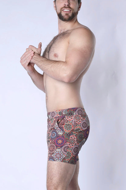 Balboa hybrid swim short patterned boxer briefs with intricate red purple and green mandala designs front view