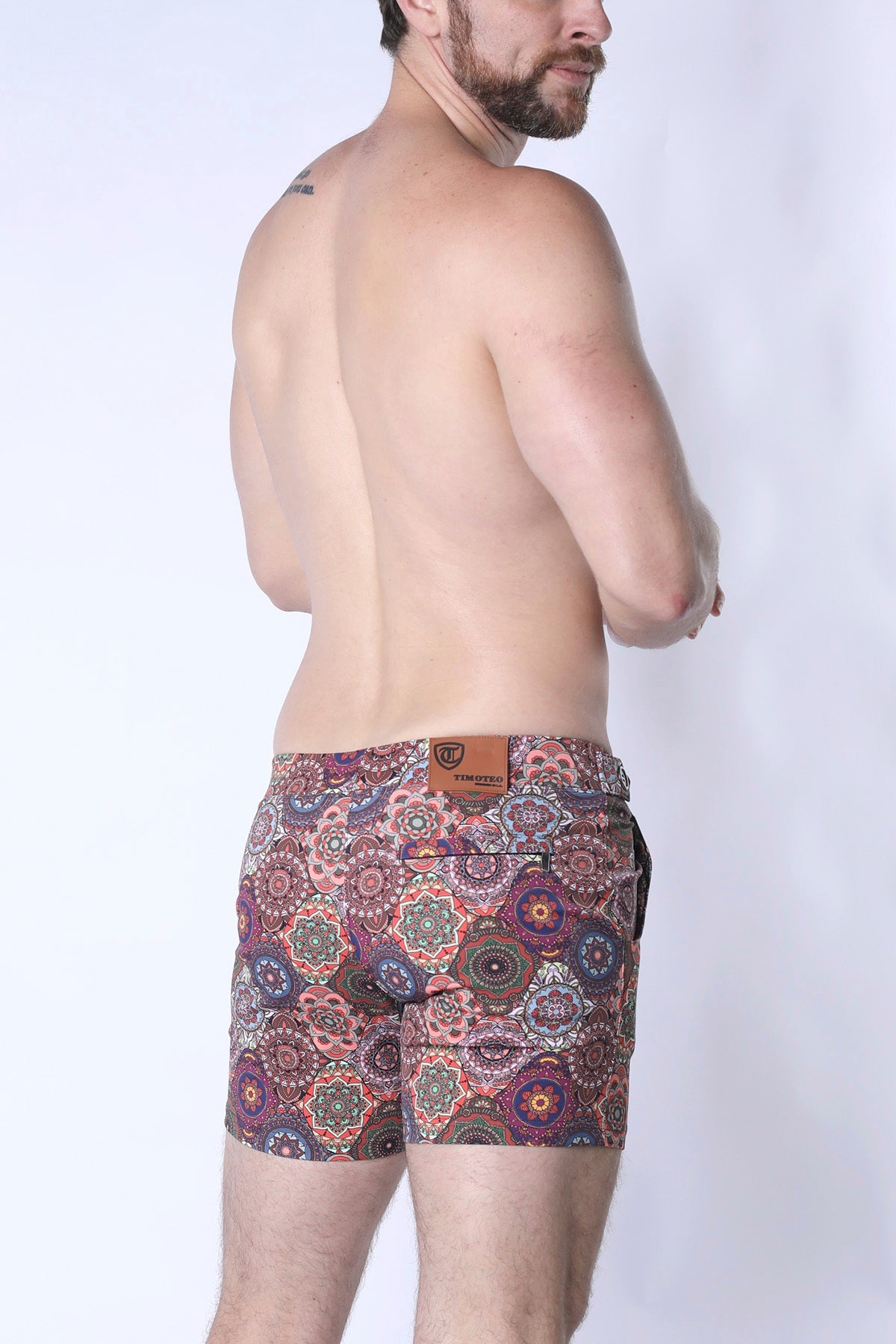 Balboa hybrid swim short men’s cotton blend shorts with vibrant pink purple and green mandala pattern