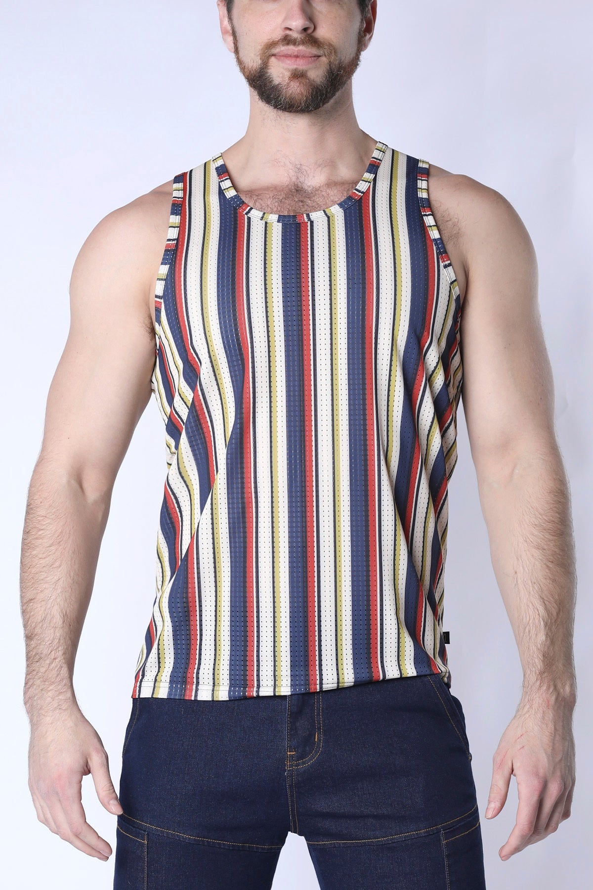 Balboa mesh tank top mens sleeveless with bold navy blue red and cream vertical stripes in textured mesh fabric