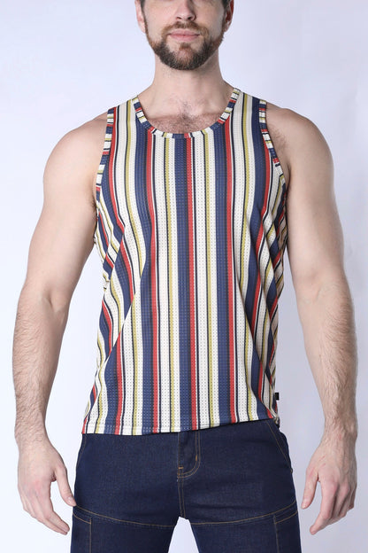 Balboa mesh tank top mens sleeveless with bold navy blue red and cream vertical stripes in textured mesh fabric