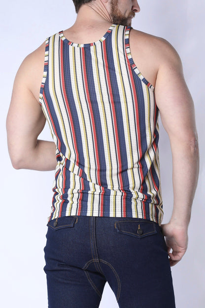 Balboa mesh tank top in navy blue red yellow and cream vertical stripes featuring breathable sleeveless design