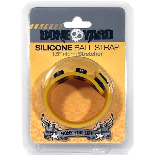 Yellow silicone ball strap with black rubberized ends branded as Bone Yard for secure sport and gear attachment