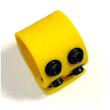 Bright yellow silicone ball strap wristband with two black snap buttons on the front for secure fit