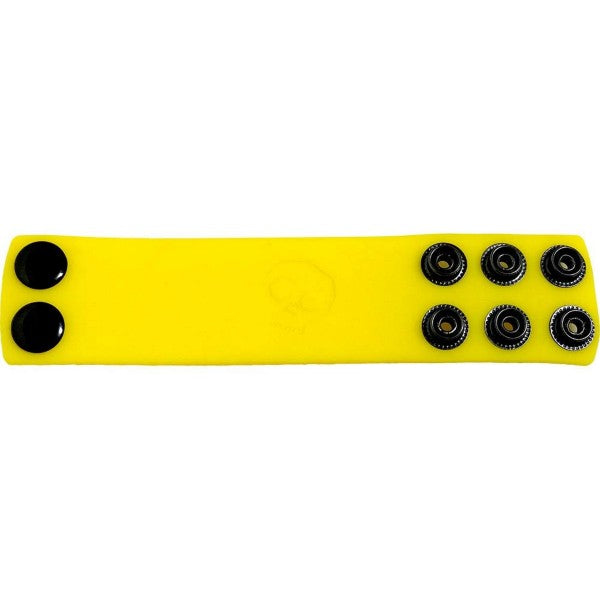 Bright yellow silicone ball strap wristband with six black snap buttons arranged in two rows