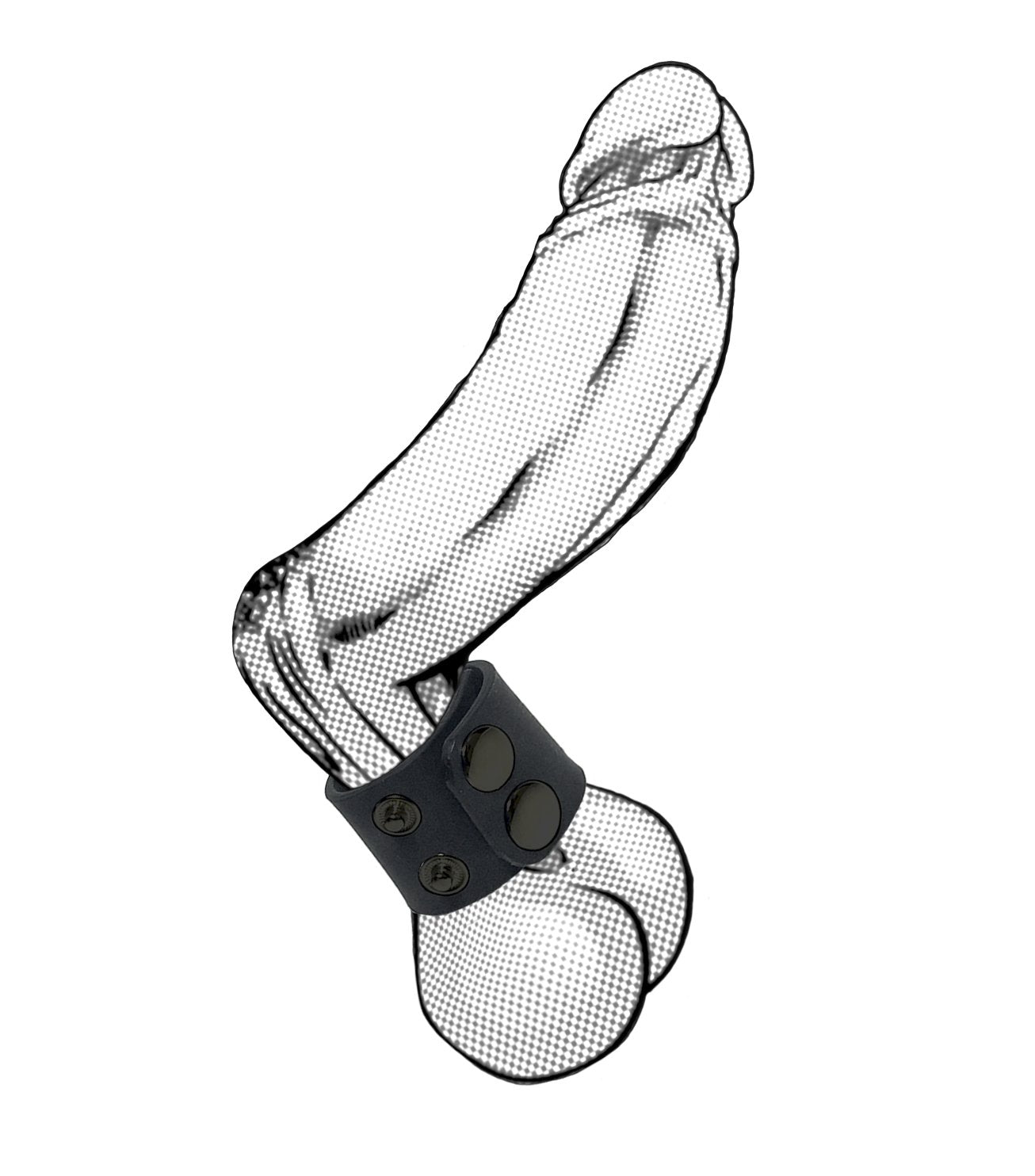 Ball strap yellow with black leather strap and three circular metal studs wrapped around a phallic shape
