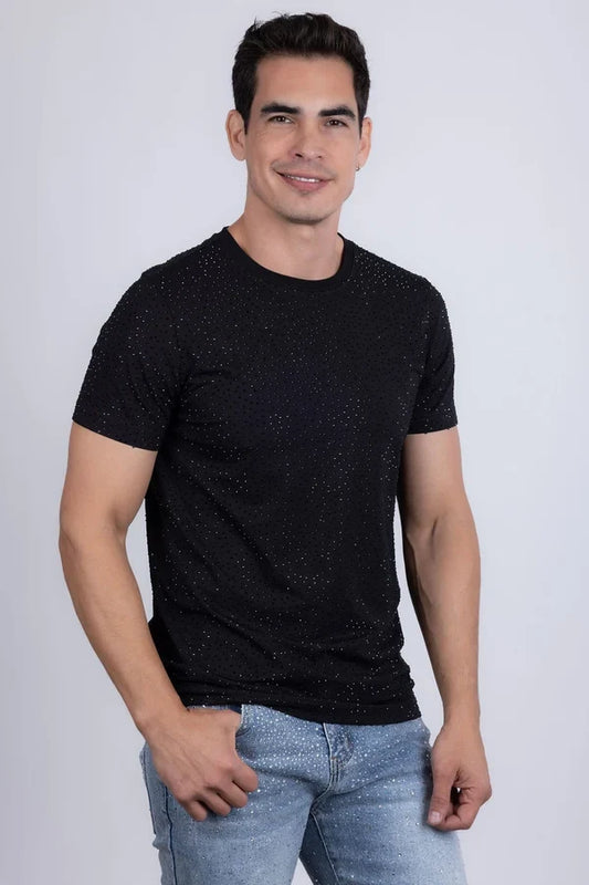 Barabas Herren-T-Shirt Dolorosa mit Strasssteinen – Schwarz/Schwarze Steine