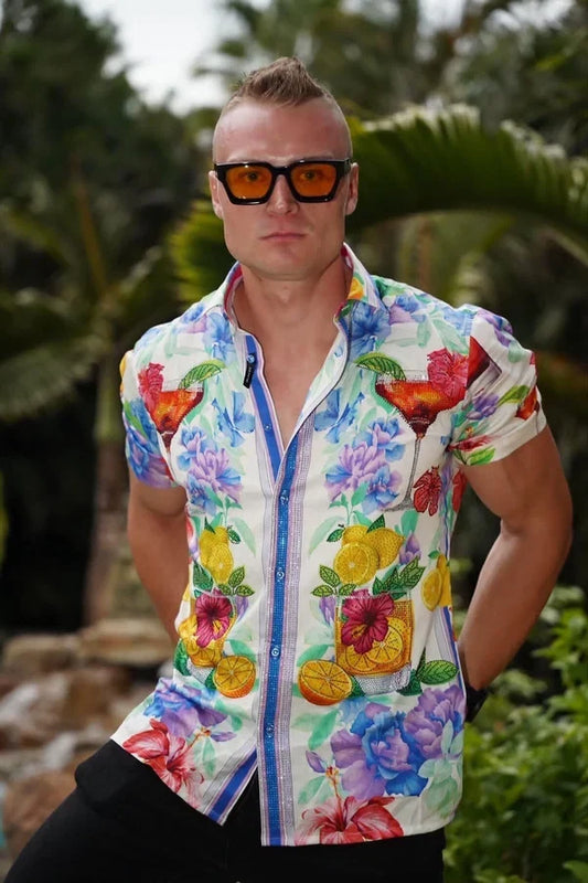 Barabas Herren-Cocktail-Shirt mit Strasssteinen, kurzarm - Weiß