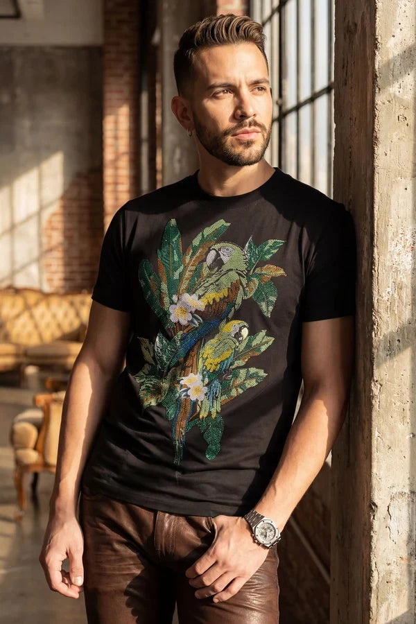 Barabas Herren T-Shirt Laurent Tropical Iguana mit Strasssteinen - Schwarz