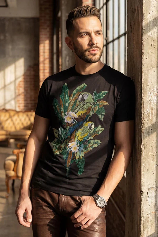 Barabas Herren T-Shirt Laurent Tropical Iguana mit Strasssteinen - Schwarz