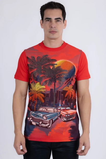 Barabas Herren Miami Classic Cars Strass-T-Shirt - Rot