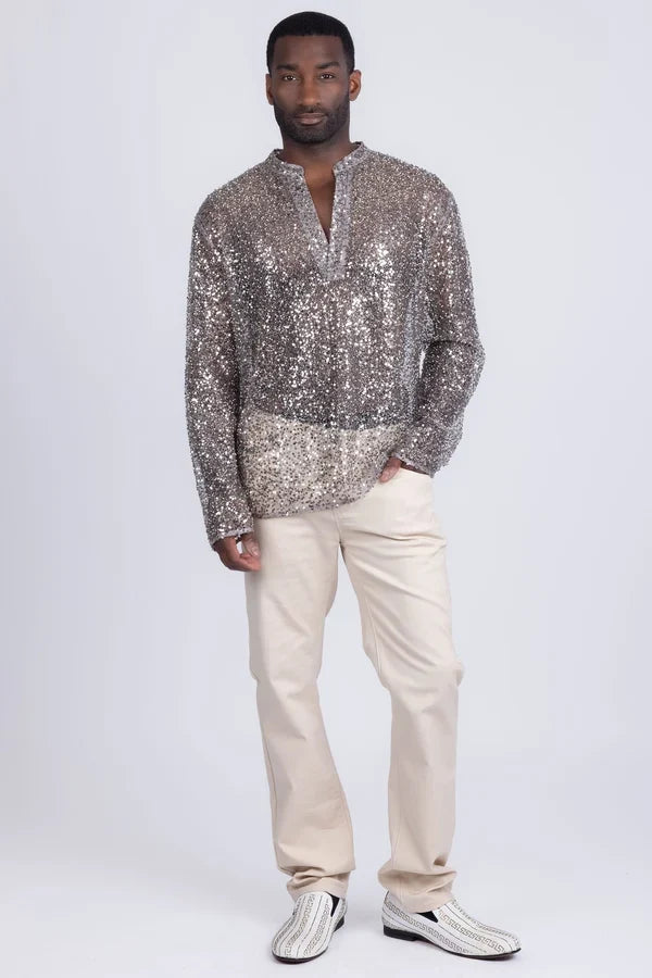 Barabas Herren-Paillettenhemd Chella, langärmlig – Beige
