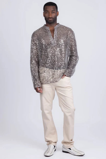 Barabas Herren-Paillettenhemd Chella, langärmlig – Beige