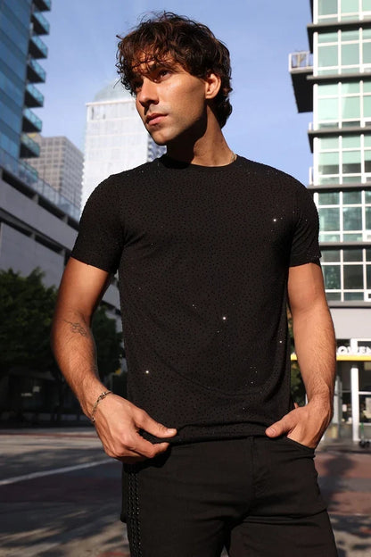 Barabas Herren-T-Shirt Dolorosa mit Strasssteinen – Schwarz/Schwarze Steine