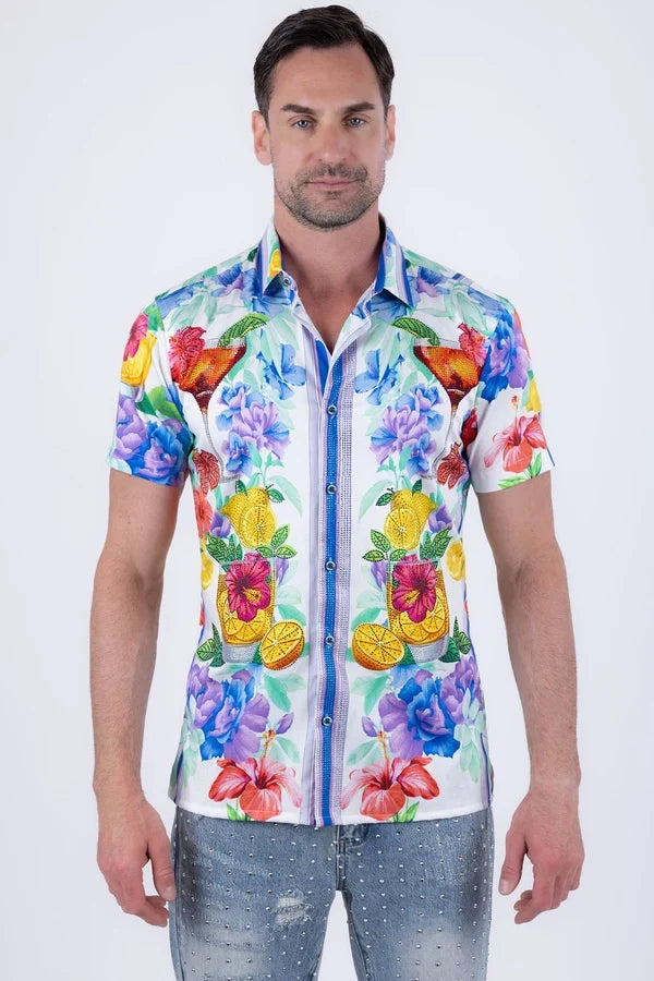 Barabas Herren-Cocktail-Shirt mit Strasssteinen, kurzarm - Weiß