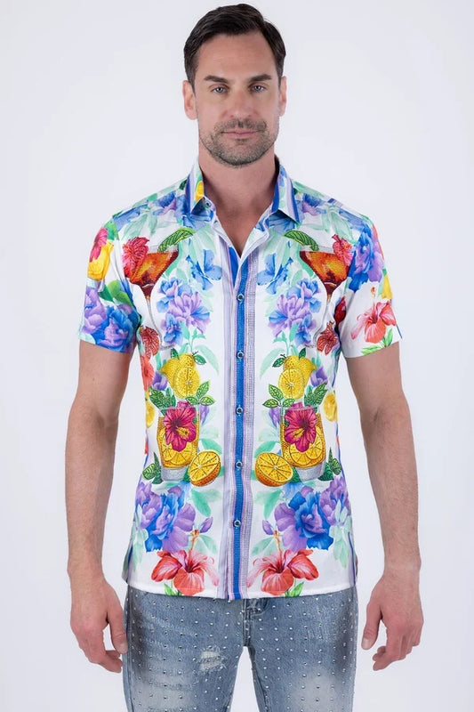 Barabas Herren-Cocktail-Shirt mit Strasssteinen, kurzarm - Weiß
