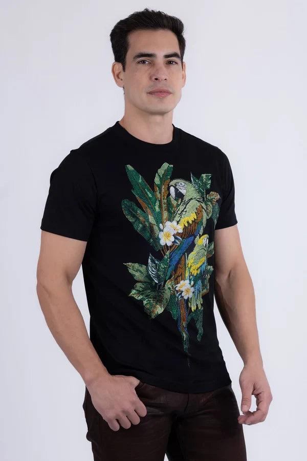 Barabas Herren T-Shirt Laurent Tropical Iguana mit Strasssteinen - Schwarz